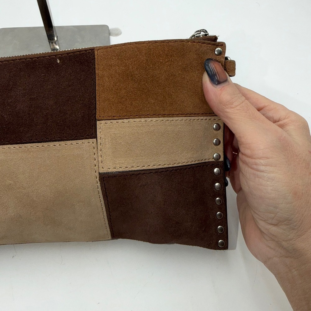 Michael Kors Suede Patchwork Studded Wristlet Clutch Brown Tan Silver Studs - Picture 7 of 13